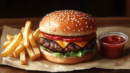Delicious cheeseburger with fries and ketchup