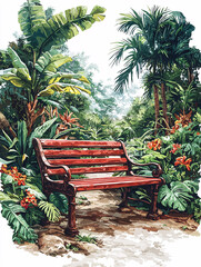 Red park bench nestled amongst lush, colorful tropical foliage on a sun-dappled path.