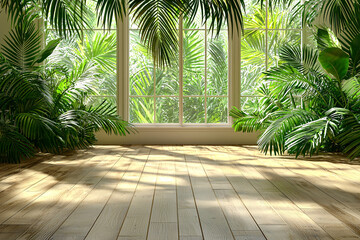 Fototapeta premium Sunlit wood floor in a room filled with lush green tropical plants around a large window.