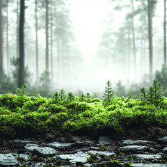 Fototapeta premium Moss-covered forest floor and small trees with a misty backdrop of tall trees.
