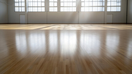 Obraz premium Light-filled empty gymnasium with polished wooden floors and high windows showcasing a bright atmosphere during the day