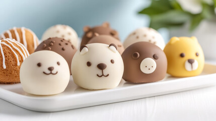 Delightful cake pops shaped like adorable animals on a clean white tray in a modern children's playroom with light gray blue walls