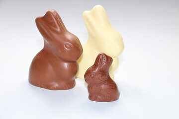 closeup of a chocolate easter bunny family with milk chocolate and white chocolate