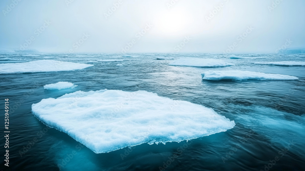 Wall mural melting ice floes create abstract patterns on the water's surface with a gray blue background and so