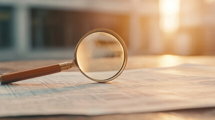 Magnifying glass resting on a document with highlighted keywords in soft natural lighting for in-depth analysis and review process