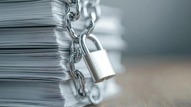 Metal chain and padlock securing a stack of paper files symbolizing data protection and confidentiality in a controlled environment