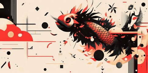 Abstract composition features a stylized fish surrounded by shapes