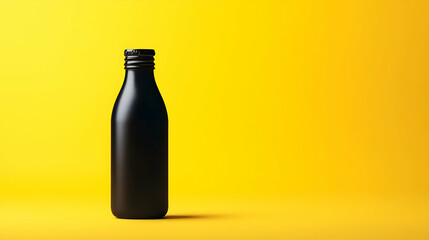 A black water bottle on a bright yellow background.
