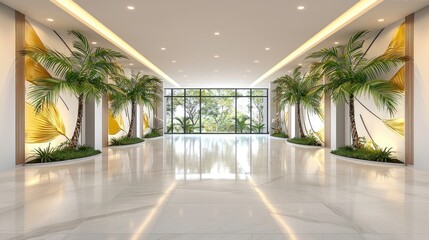 Luxurious hotel lobby with palm trees and garden view (1)