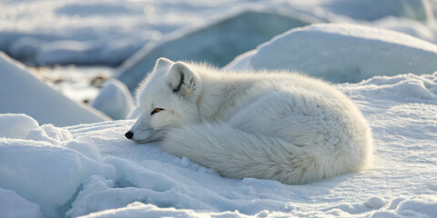 Naklejka premium A majestic white Arctic fox curled up in the snow, blending seamlessly with the icy landscape