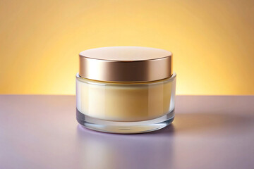 Golden cream jar, beauty product, studio shot, yellow background, skincare