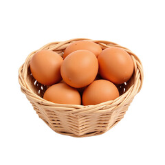 Six brown chicken eggs in a light brown wicker basket against a cut out background.