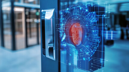 An office door features an access control system with fingerprint scanning to enhance security measures.
