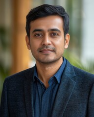 Obraz premium Portrait of a handsome Indian man wearing a blue jacket and looking at the camera