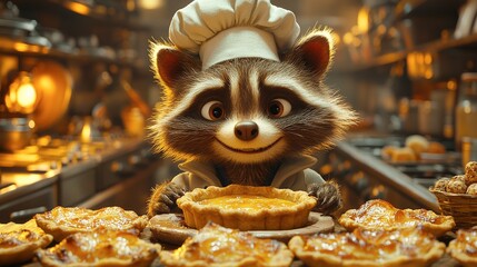 Charming Raccoon Chef Presents Golden Brown Pies in Rustic Kitchen Setting
