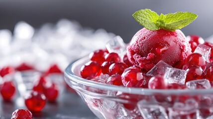 Refreshing raspberry sorbet served with ice and garnished mint