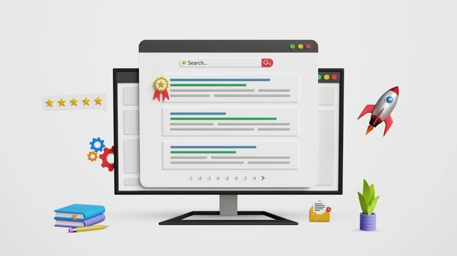 Search Engine Optimization, SEO Strategy. Achieve Top Google ranking, effective keywords, backlinks, digital marketing for business growth. Web ranking page on computer screen. 4K 3D animation