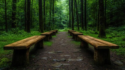 Wooden benches in a lush forest path. Peaceful scene. Use for nature, relaxation, or travel
