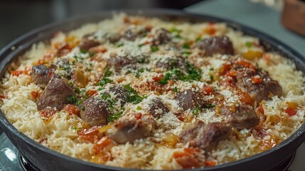 Delicious lamb pilaf dish with vegetables and herbs in a pan