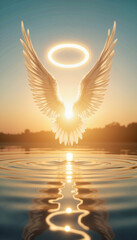 Translucent angel halo reflecting on serene water at sunrise, spirituality