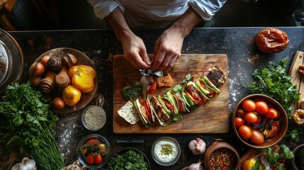 Chef preparing gourmet sandwiches with fresh vegetables and herbs in rustic kitchen