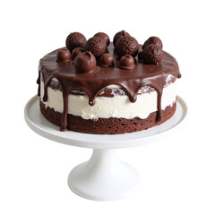 A delicious chocolate ice cream cake decorated with chocolate balls on a white cake stand.