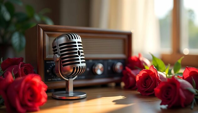 Vintage Microphone and Roses with Retro Radio