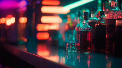 Bar counter illuminated with neon lights, glass bottles and reflections.