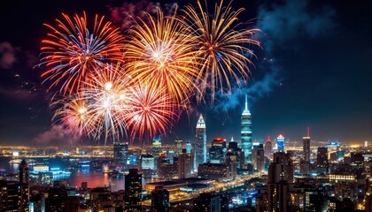 Fototapeta premium Spectacular Fireworks Display Over a Dazzling City Skyline at Night