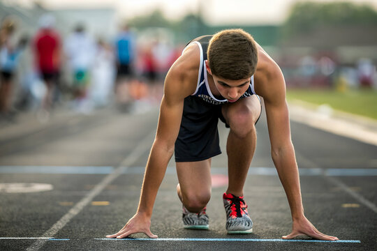 Teenage Athlete Preparing For Race On Track Area for Competition and Exercise