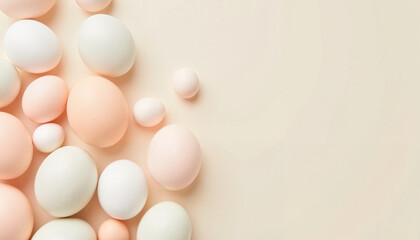 Pastel-colored eggs scattered on soft background, spring celebration