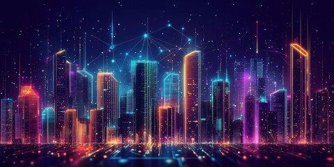 Futuristic cityscape illuminated with glowing network connections at nighttime