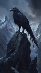 Majestic raven perched atop a rocky peak overlooking snowy mountains