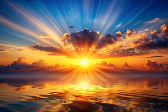 Vibrant sunrise over calm ocean; peaceful sky, perfect for travel or nature posters