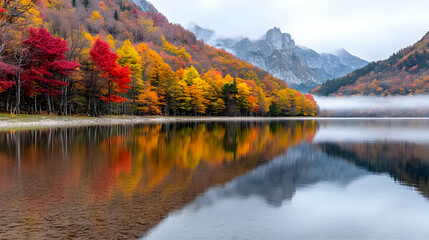 Fototapeta premium Autumnal lake reflection, misty mountains (1)