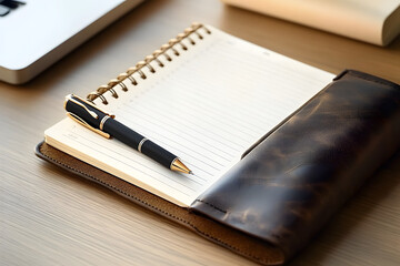 Creative planning session with a stylish planner and pen on a wooden desk inspiring productivity and organization in a tranquil home office environment