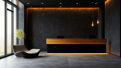 Modern Hotel Reception Area Design: Elegant Dark Interior with Wooden and Marble Reception Desk