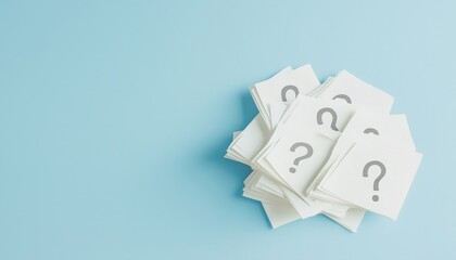 Stacked Question Marks On White Paper Or Signs Are Showcased Alongside A Blue Background With Room For Text In A Unique Image.