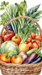 vegetable basket harvest vegetables watercolor illustration image watercolor carrot tomatoes basket pepper red vegetable food fresh organic freshness tomatoes vegetarian healthy natural vitamin