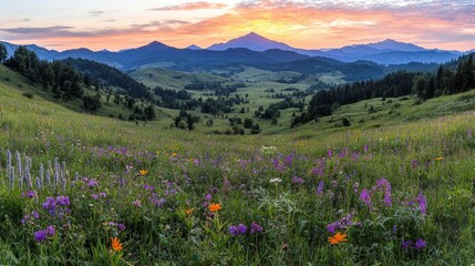 Obraz premium Mountain Meadow Sunrise, scenic valley, vibrant wildflowers, nature, peaceful, tranquil, breathtaking view, ideal for background use