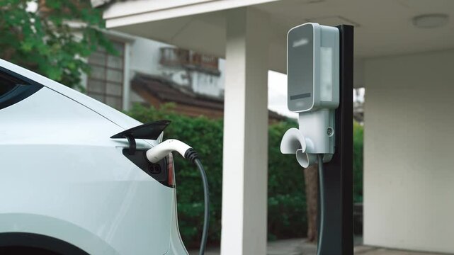 Electric vehicle technology utilized to residential area or home charging station for EV car battery recharge. Eco-friendly transport by clean and sustainable energy for future environment. Fastidious