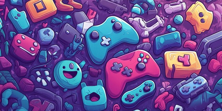 Cartoon styled gaming icons and game controllers background pattern