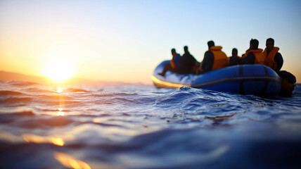 Migrants Boarding a Small, Overcrowded Boat at Sunrise, Facing the Vast and Calm Sea With Mixed Emotions of Hope and Fear