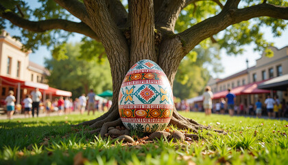 Hand-painted Easter egg under banyan tree, celebrating cultural heritage