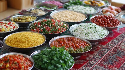Fototapeta premium Colorful assortment of fresh middle eastern salads and ingredients on vibrant table setting