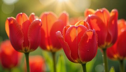Fototapeta premium Vibrant red tulips glistening with dew in morning sunlight, freshness
