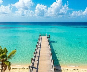 Stunning tropical beach with crystal-clear turquoise waters.A wooden pier extends from the sand into the sea, sense of relaxation and paradise, perfect for a getaway.