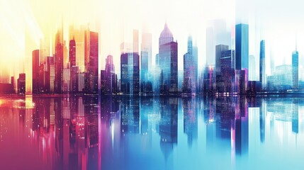 Obraz premium A vibrant city skyline is mirrored on the water surface