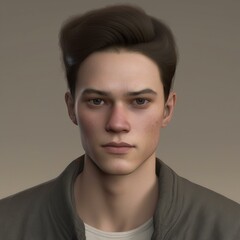 Obraz premium A highly detailed, hyper-realistic close-up portrait of an AI-generated human face. This digital artwork features lifelike skin textures, expressive eyes, and natural lighting.