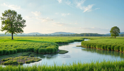 Serene river flowing through lush green fields under pastel skies, tranquility